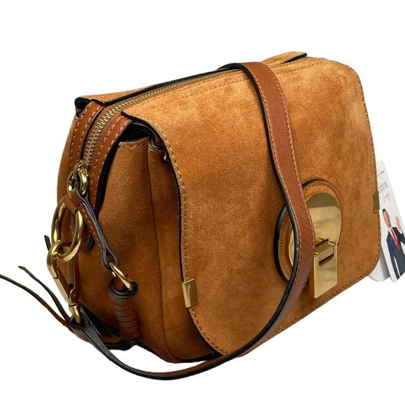 Chloe Classic Nubuck Suede Tan Brown Gold Zippy Shoulder Purse Bag Boxy Flap