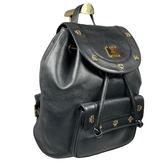 MCM Black Calf Leather Pebbled Gold Plated Multi Stud Flap Drawstring Backpack