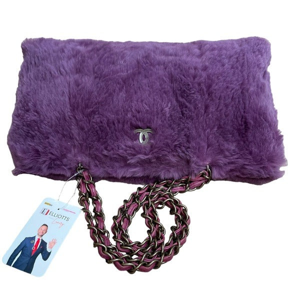 Chanel CC Antique Brushed Hardware Leather Chain Large Rabbit Fur Purple Purse