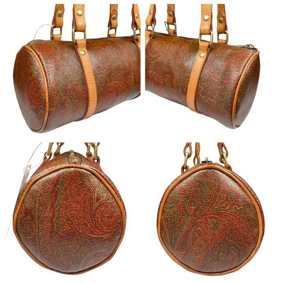 Etro Paisley Canvas Natural Leather Barrel Round Shoulder Bag Purse 10” x 4.5”