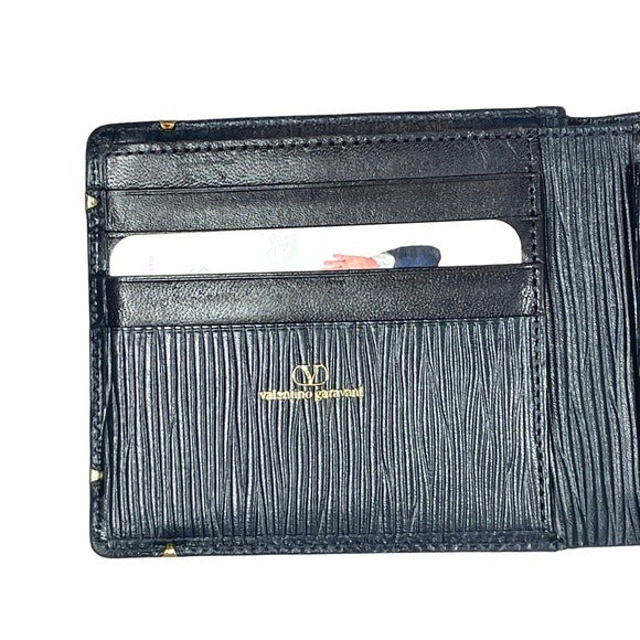 Valentino Garavani Navy Blue Woodgrain Leather Goldtone Corner Bi-Fold Wallet