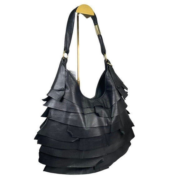 YSL Black Saint Tropez Patch Gathered Layered Lambskin Shoulder Large Bag Hobo