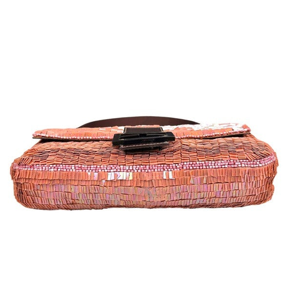 Fendi Pink Coral Iridescent Sequin Baguette Flap Brown Leather Shoulder Bag