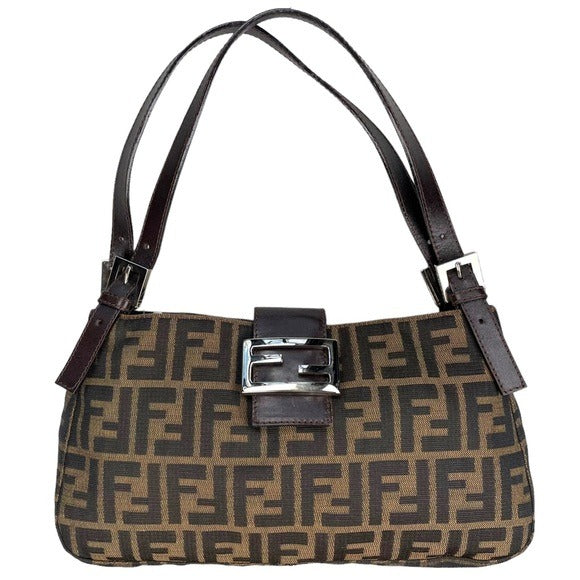 Fendi Zucca Dual Handle Shoulder Baguette Leather Canvas Purse