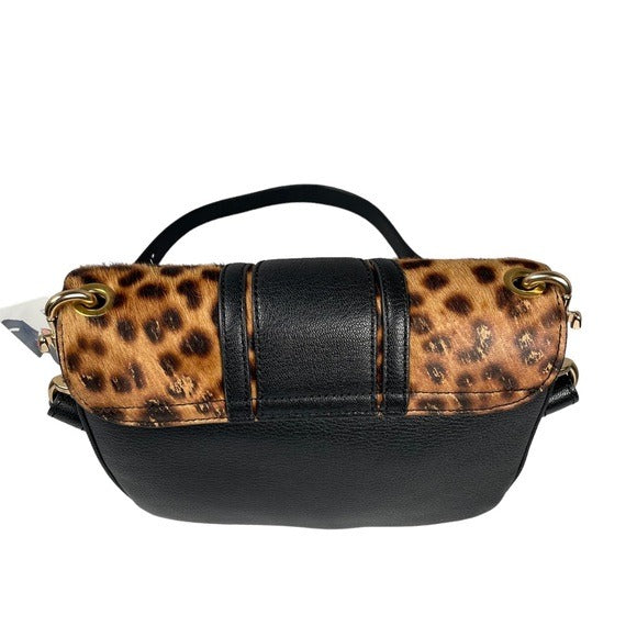 See By Chloe Calf Hair Cheetah Black Leather Satchel Flap Crossbody Strap Purse