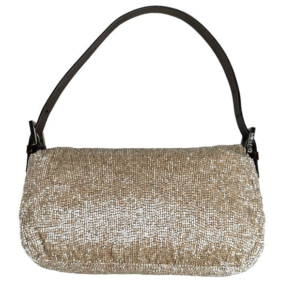 Fendi Champagne Beaded Baguette Brown Leather Strap Shoulder Purse
