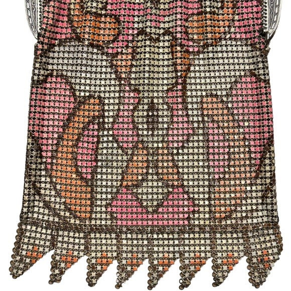 Whiting & Davis Med. Sterling Metal Mesh Plate Pink Orange Abstract Clutch Purse