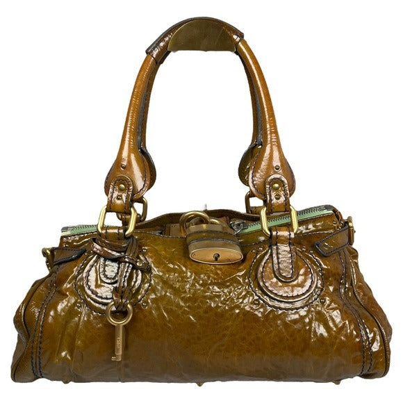 Chloe Bronze Blue Stitch Patent Leather Large Paddington Lock Shoulder Bag Tote