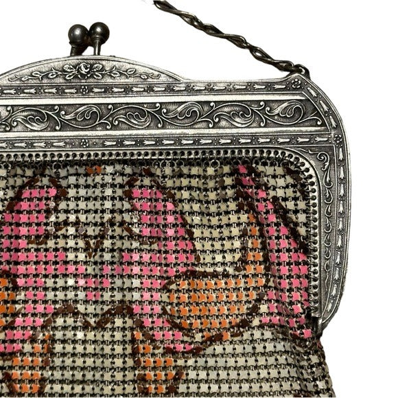 Whiting & Davis Med. Sterling Metal Mesh Plate Pink Orange Abstract Clutch Purse