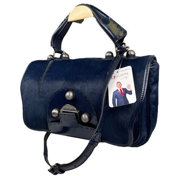 Fendi Selleria Calf Hair Navy Blue Messenger Gunmetal Flap Two Way Crossbody Bag