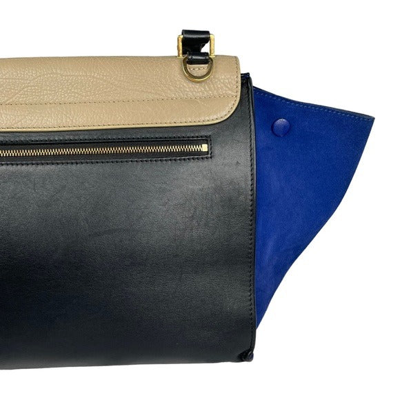 Celine Tri-Color Royal Blue Taupe Black Gold Large Shoulder Bucket Snap Purse