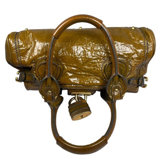Chloe Bronze Blue Stitch Patent Leather Large Paddington Lock Shoulder Bag Tote