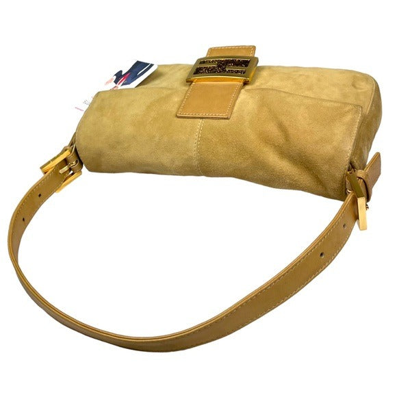 Fendi FF Glitter Tan Leather Gold Flap Bag Logo Suede Baguette Shoulder Purse