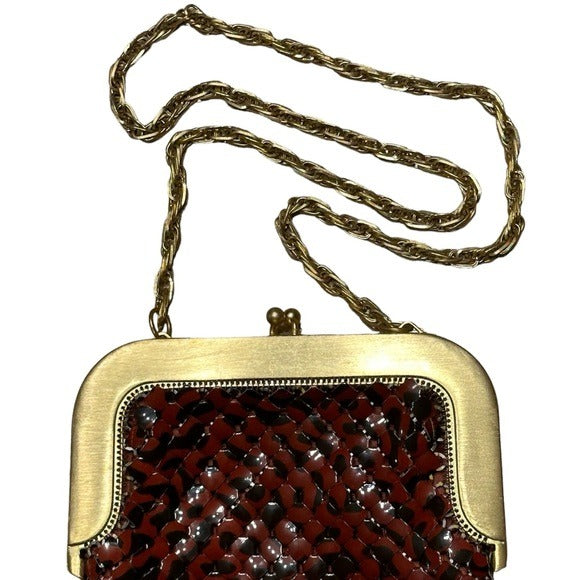 Whiting & Davis Brushed Gold Metal Mesh Shoulder Kiss-Lock Wristlet Clutch Purse