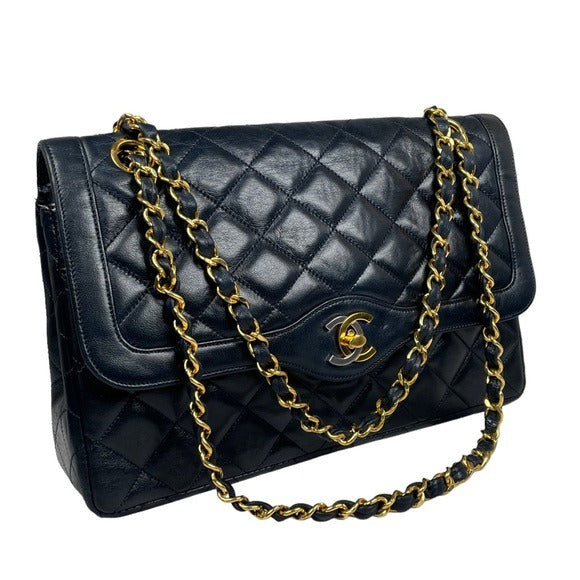 Chanel CC Navy Blue Limited Double Two-Tone Flap Quilted Lambskin Shoulder Purse