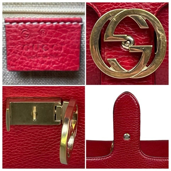 Gucci GG Red Flip Clip Closure Flap Pebbled Leather Gold Chain Crossbody Purse