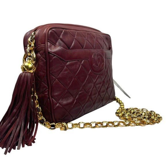 Chanel CC Lambskin Bordeaux Quilted Crossbody 24K Plated Chain Tassel Purse Bag