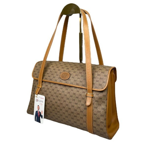 Gucci GG Micro Satchel Canvas Leather Tan Three File Shoulder Tote Purse Bag