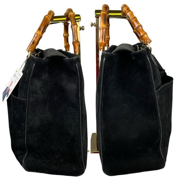 Gucci GG Diana Bamboo Black Suede Leather Dual Snap XL Pocket Top Handle Tote