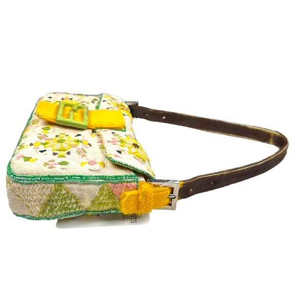 Fendi Mustard Pastel Cavnas Beaded Cow Brown Pony Hair Baguette Shoulder Purse