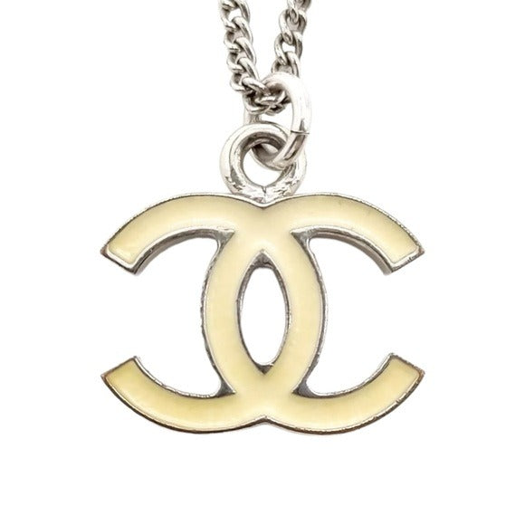 Chanel CC Ivory Double Sided Enamel Silver Plated Pendant & Chain Necklace 17”