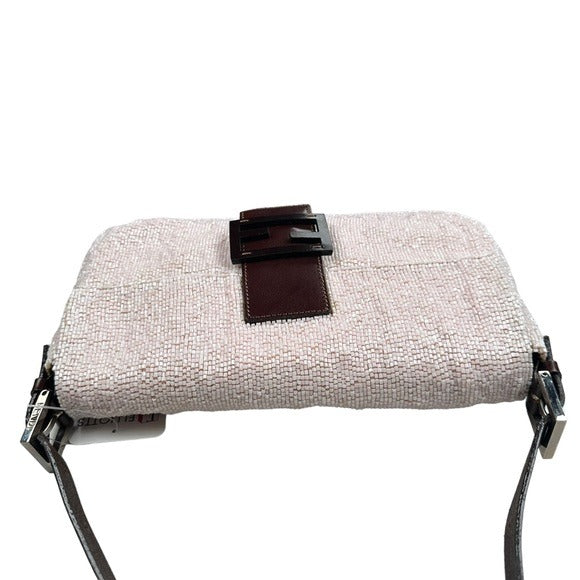 Fendi Baguette Pink Beaded Flap Silver Brown Leather Shoulder Purse