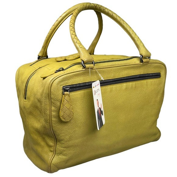 Bottega Veneta Lime Green Leather Woven Strap Boston Personal Travel Zip