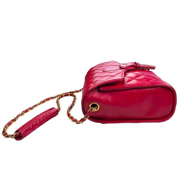 Chanel CC Red Flap Buckle Front Over Snap Quilted Lambskin Shoulder Purs…