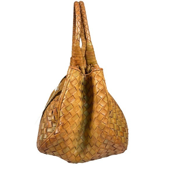 Bottega Veneta Tan Brown Green Woven Leather Shoulder Purse Two File Zip Bag
