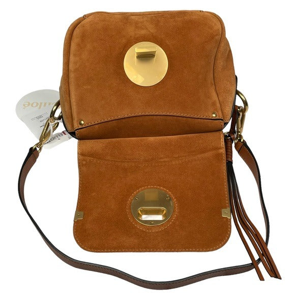 Chloe Classic Nubuck Suede Tan Brown Gold Zippy Shoulder Purse Bag Boxy Flap