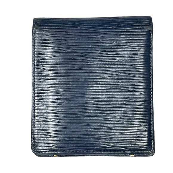 Valentino Garavani Navy Blue Woodgrain Leather Goldtone Corner Bi-Fold Wallet