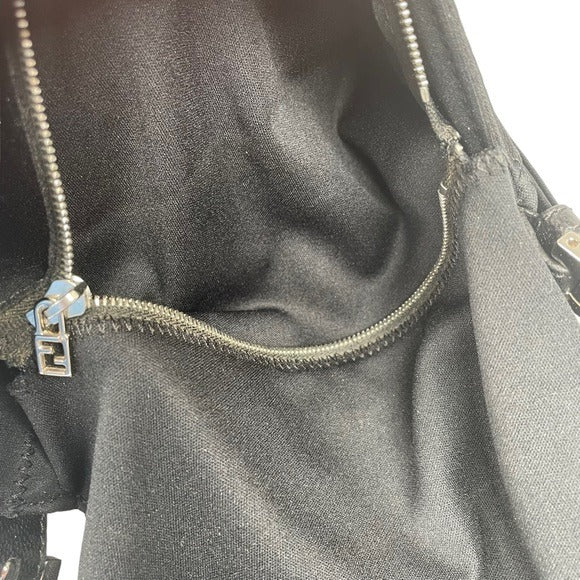 Fendi Black Satin Silver FF Baguette Flap Bag Purse Shoulder Leather Snap Clutch