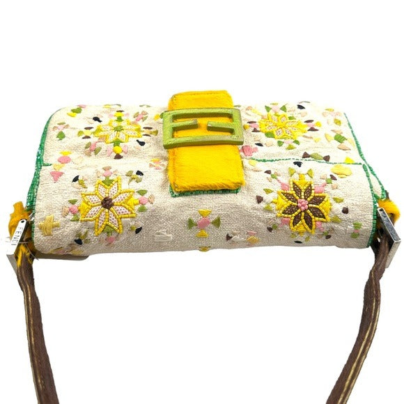 Fendi Mustard Pastel Cavnas Beaded Cow Brown Pony Hair Baguette Shoulder Purse
