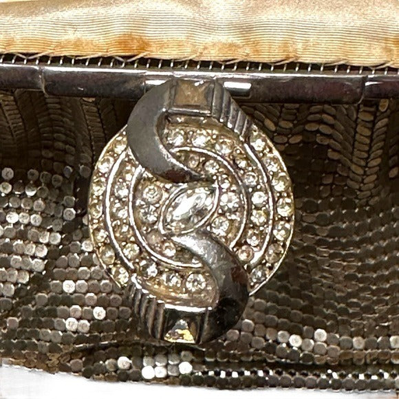 Whiting & Davis Rhinestone Clip Lock Metal Mesh Clutch Wristlet Silver Purse