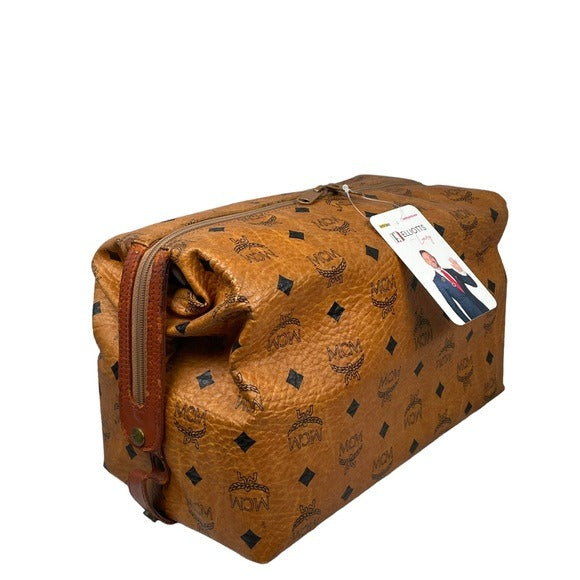 MCM Cognac Viestos Brown Black Zippy Travel Toiletry Cosmetic Bag Large Bucket