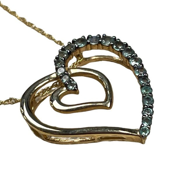 Emerald Double Heart Pendent Necklace Lobster Claw 14K Gold Round Cut 18” 1”
