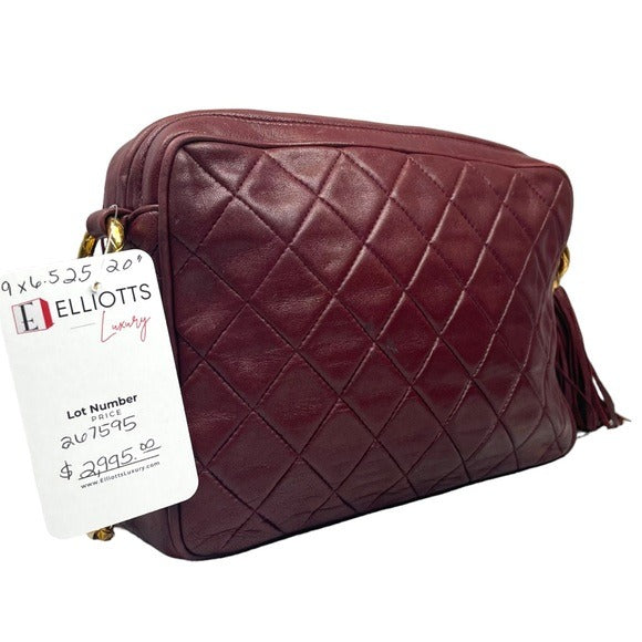Chanel CC Lambskin Bordeaux Quilted Crossbody 24K Plated Chain Tassel Purse Bag