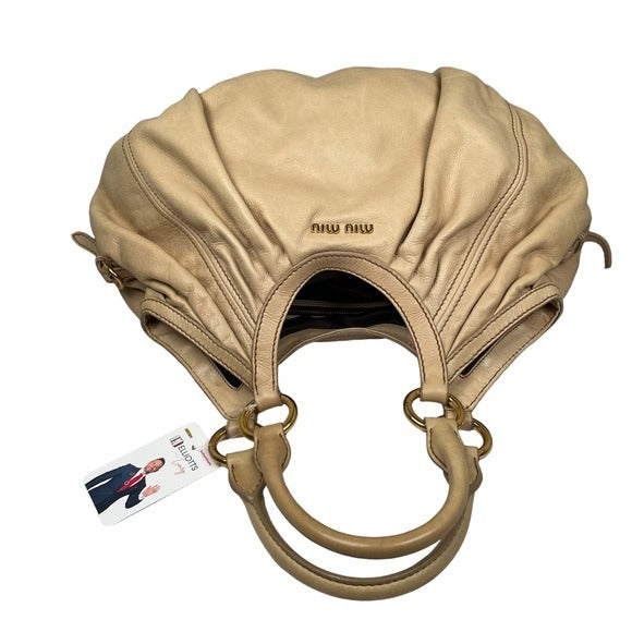 Miu Miu Basket Hobo Leather Gathered XL Ivory Creme Gold Shoulder Purse Bag Tote