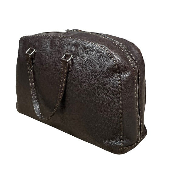 Fendi Selleria Pebbled Coco Leather Stitched Boston Travel Bag