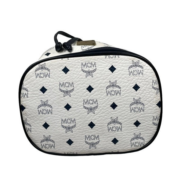 MCM Blue & White Viestos Coated Canvas Leather Drawstring Bucket Crossbody Bag Purse