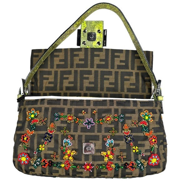 Fendi Zucca Baguette Lime Python Beaded Multi Floral Metallic Flap Purse