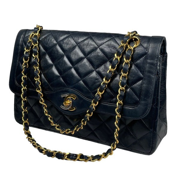 Chanel CC Navy Blue Limited Double Two-Tone Flap Quilted Lambskin Shoulder Purse
