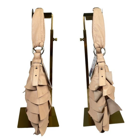 YSL Saint Tropez Beige Patch Gathered Layered Lambskin Shoulder Small Hobo Bag