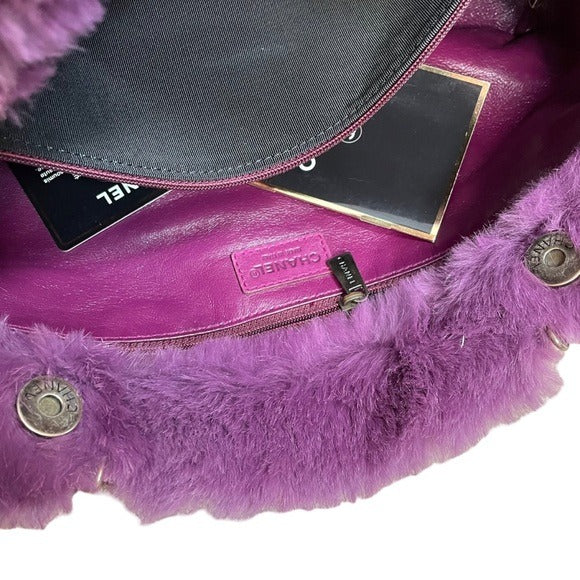 Chanel CC Antique Brushed Hardware Leather Chain Large Rabbit Fur Purple Purse