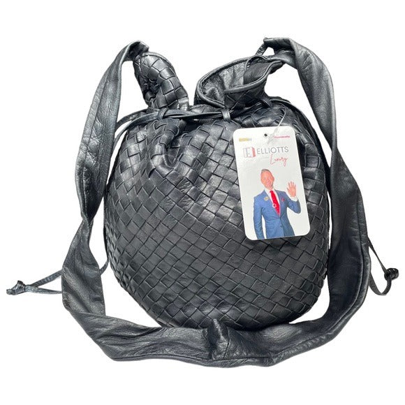 Bottega Veneta Black Leather Small Woven Round Drawstring Bucket Shoulder Purse