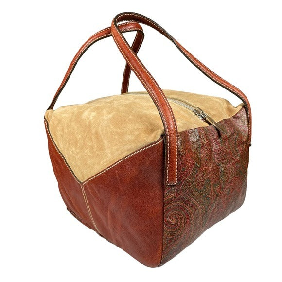 Etro Multi Textile Paisley Boston Dual Handle Canvas Leather Suede Purse Bag