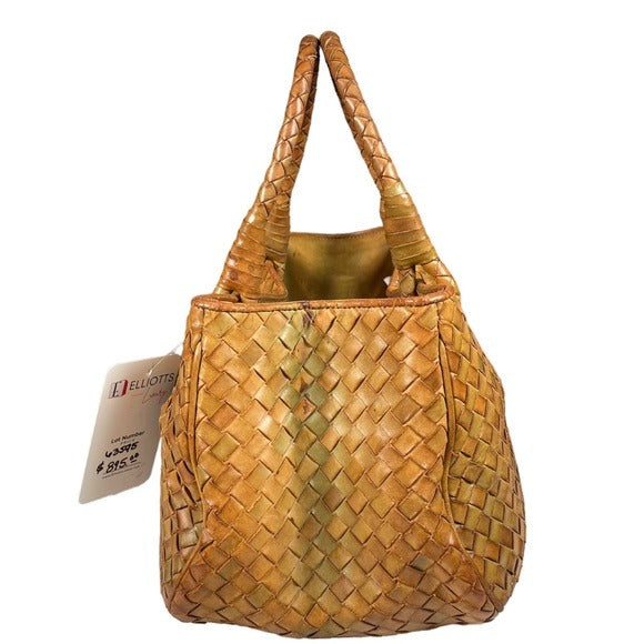 Bottega Veneta Tan Brown Green Woven Leather Shoulder Purse Two File Zip Bag