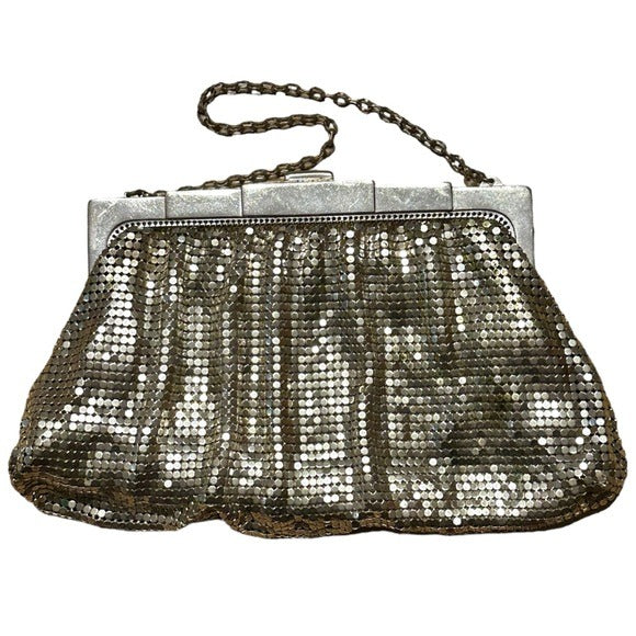 Whiting & Davis Rhinestone Clip Lock Metal Mesh Clutch Wristlet Silver Purse
