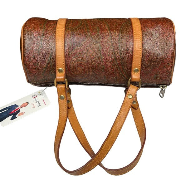 Etro Paisley Canvas Natural Leather Barrel Round Shoulder Bag Purse 10” x 4.5”