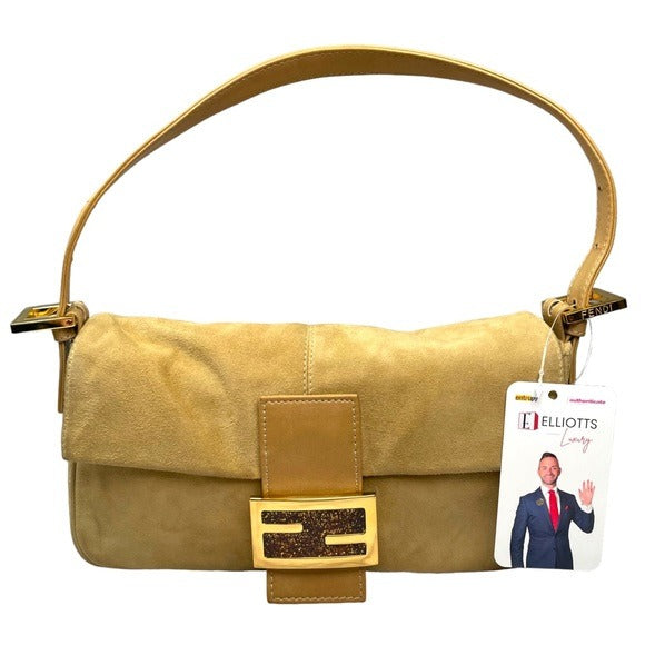 Fendi FF Glitter Tan Leather Gold Flap Bag Logo Suede Baguette Shoulder Purse